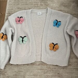 Chic Grey Cardigan with Colorful Butterfly Accents